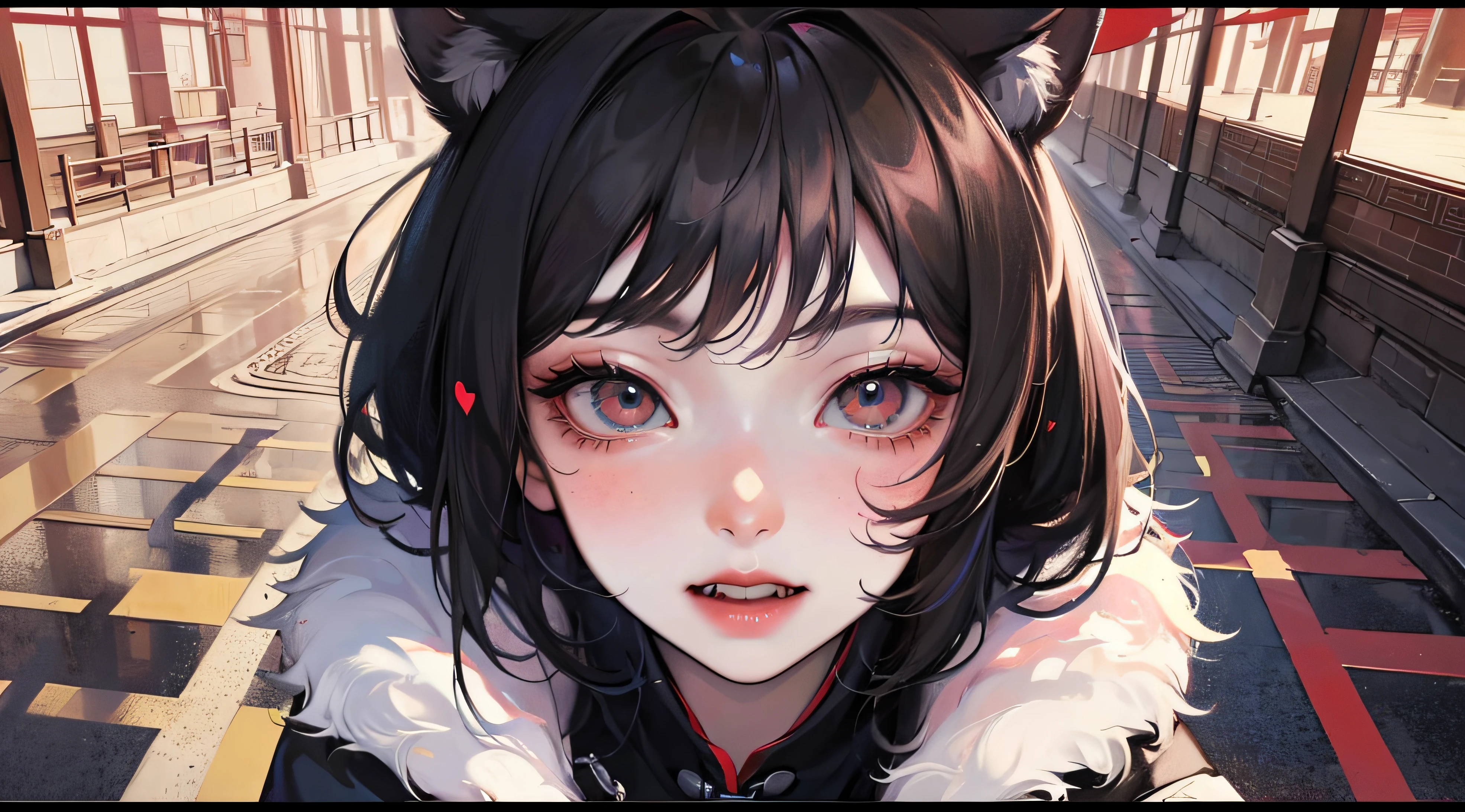 black hair, hair bobbles, wince, longeyelashes, solid circle eyes, fake animal ears, light smile, ear blush, fang, best quali, Beijing-Tianjin-Hebei, Surrealism, drop shadow, anaglyph, stereogram, tachi-e, pov, atmospheric perspective, 8k, super detail, ccurate