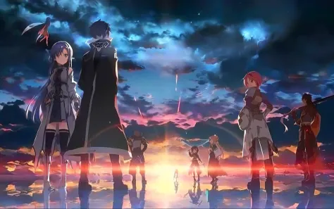 a group of anime characters standing in front of the sunset, sword art online, sao style anime, as estrelas, popular isekai anim...