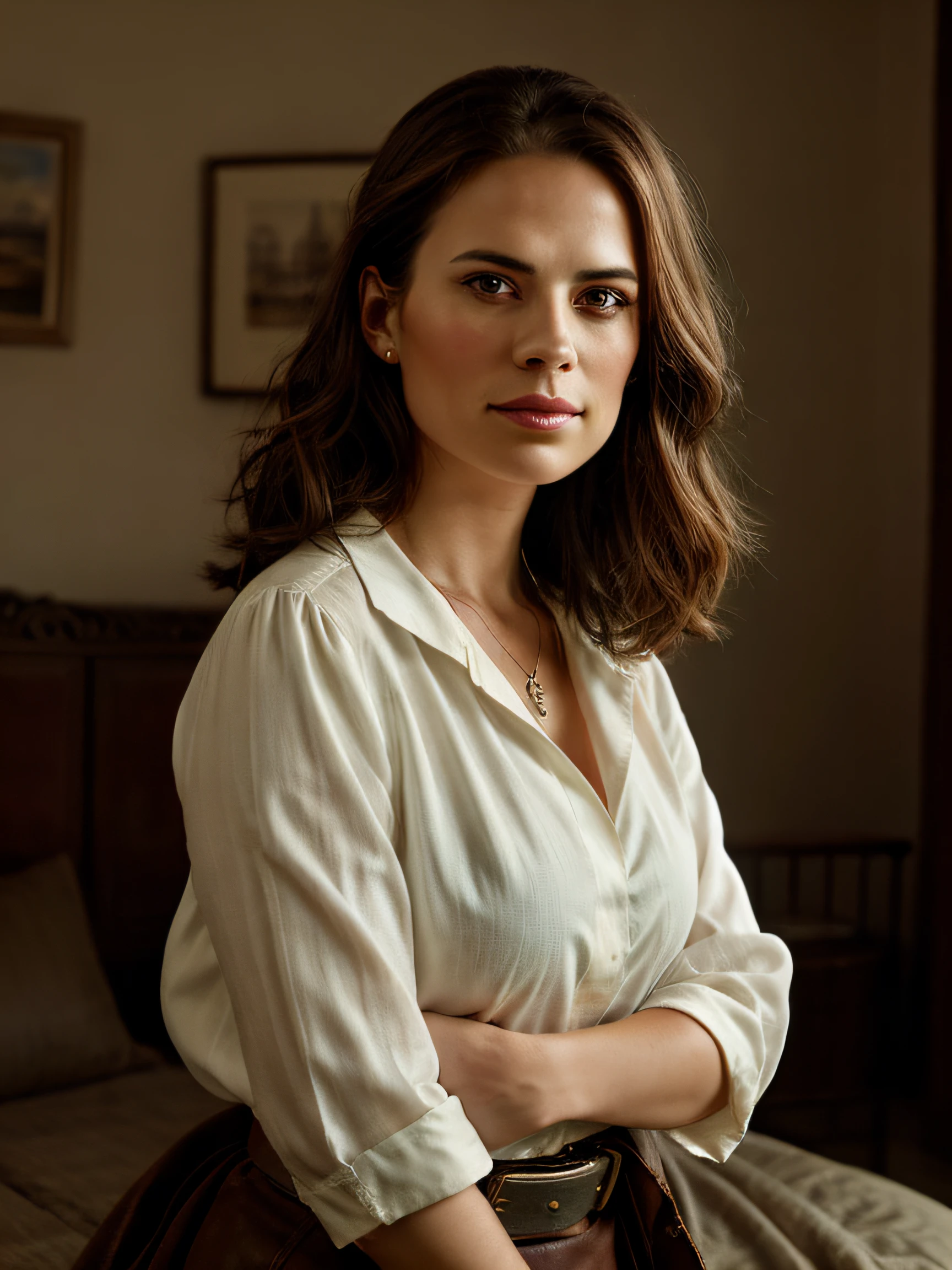 (Thirty year old) woman, standing beside a horse, dressed as an old western cowgirl, cowboy boots, long legs, dreamy photo, looking straight at camera, slight smile, full lips, old western, Wild West, monument valley, dusty, andre kohn, Canon, (Detailed features::1.2), real life. Hayley Atwell, intricate, 8k, highly detailed, (extremely detailed CG unity 8k wallpaper), ((square jaw)), (well defined jaw), (downturned lips), (detailed anatomy), Hyperrealistic full shot body image, trending on CGSociety, Intricate, High Detail, Sharp focus, dramatic, volumetric lighting, vibrant, warm colours, digital painting, intense, modelshoot style, (extremely detailed CG unity 8k wallpaper), full shot body photo of the most beautiful artwork in the world, pearl skin, professional majestic oil painting