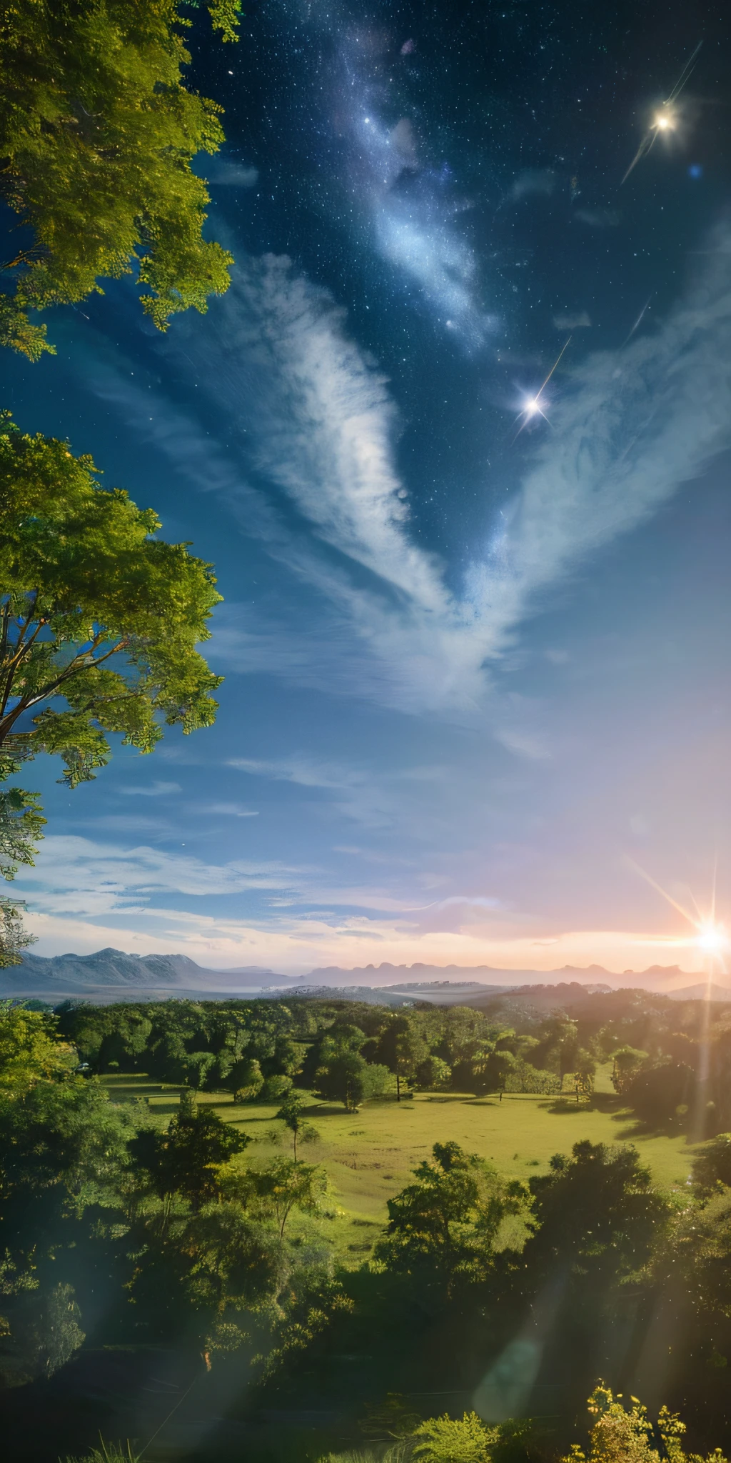 Illustration of a hyperrealistic , otherworldly, ultrasky scene featuring a giant crystal tree full body,very detailed and magical lighting, intricate forest details, vegetation and river around, solarpunk ,landscape, giant tree, beatifull leafy with beautiful lighting and realistic proportions, as if it were a cinematic background, 8k, highest quality, masterpiece, clouds and stars in the sky.