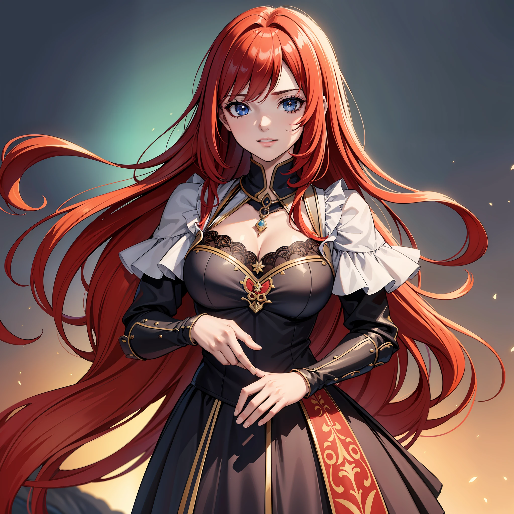 1.Young woman 22 years old:, red hair: (1 girl solo) (Masterpiece artwork, best qualityer), ((long hair)) (red hair, long hair, black highlighted hair, cute hair), ((gazing at viewer)) (greeneyes) fantasy medieval dress, medium breasts, peasant dress 8k (sexly) sensuous (smallboobs) ((detailed hands)) ((hand correction)) armor shoulder pads, silver armor, ((royalty armor)) (woman alone) girl smiling, gaping mouth, tongue out, sensual inviting you to enter the room with her, door at the bottom