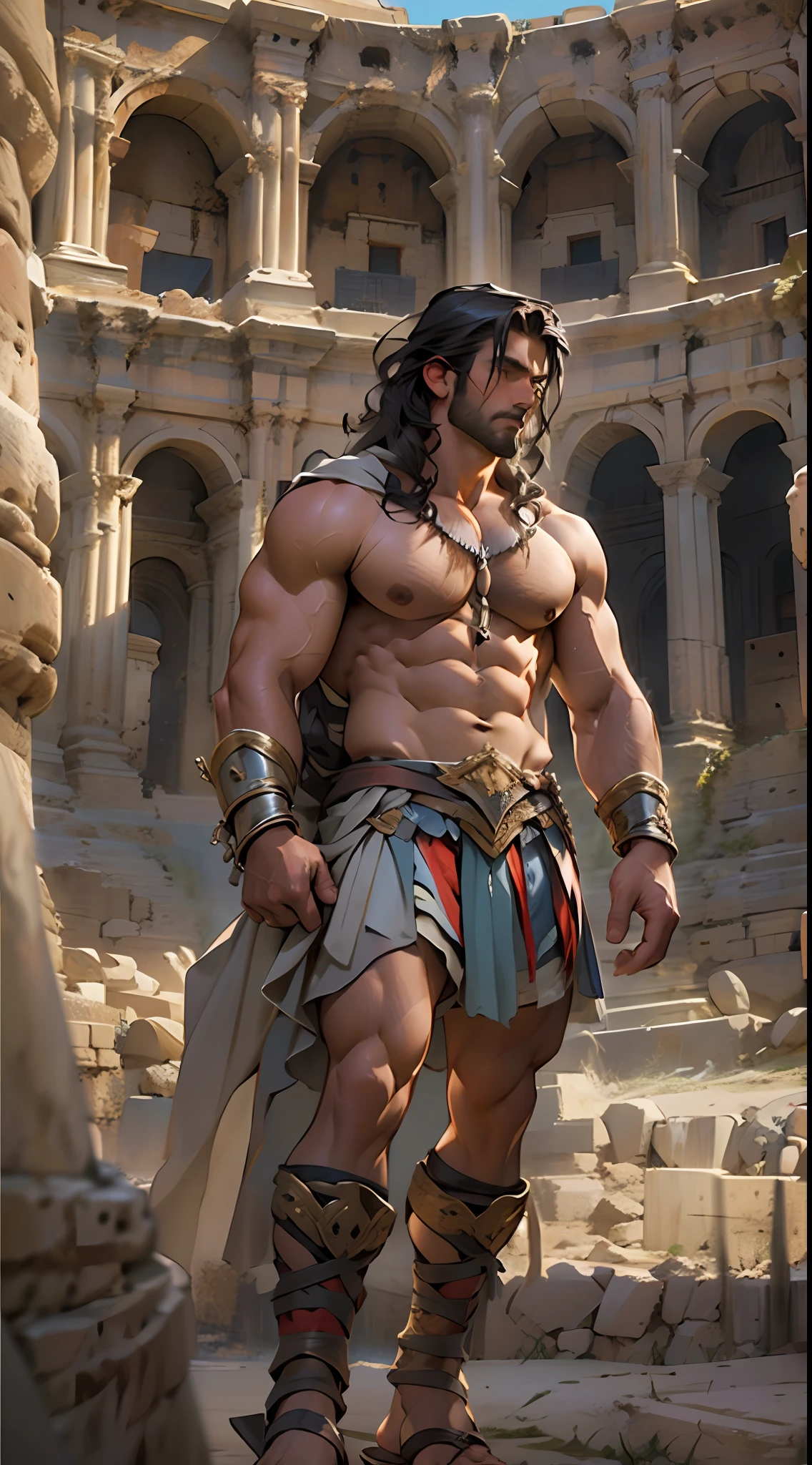 Herculean gladiator, bare chest, lower body revealed from thighs to feet, long curls cascading, meticulous muscle definition, photorealistic portrayal, 4K quality. Background: Colosseum in ancient Rome,32k uhd, best quality, masterpiece, super detail, high details