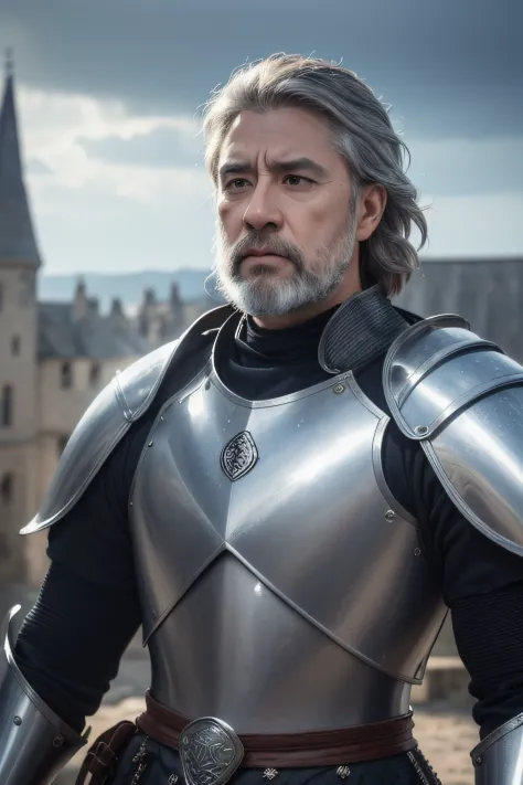 photorealistic, top quality, masterpiece, cinematic composition, slow motion, (medium shot of a medieval knight, sombre and weathered face, beard, grey hair:1.2), chain mail and plate armour, (realistic and detailed|intricate armour:1.1), (visible face:1.3...