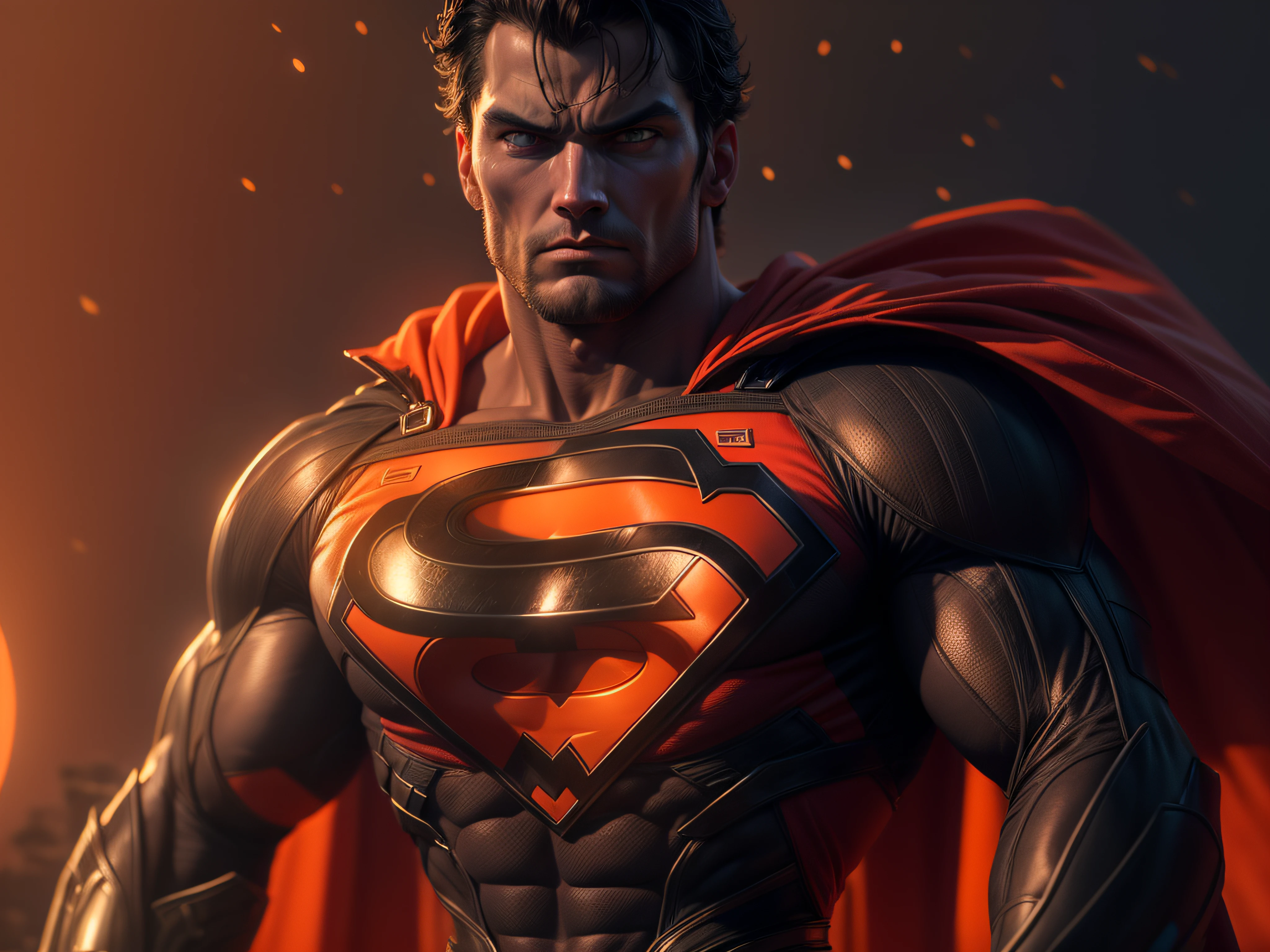 Cerrar una poderosa amenaza, La imponente apariencia del poderoso Superman vestido con uniforme naranja, mirada amenazadora, ricamente detallado, Hiper realista, renderizado 3D, obra-prima, NVIDIA, RTX, trazado de rayos, bokeh, Cielo nocturno con una enorme y hermosa luna llena., estrellas brillantes, 8k,