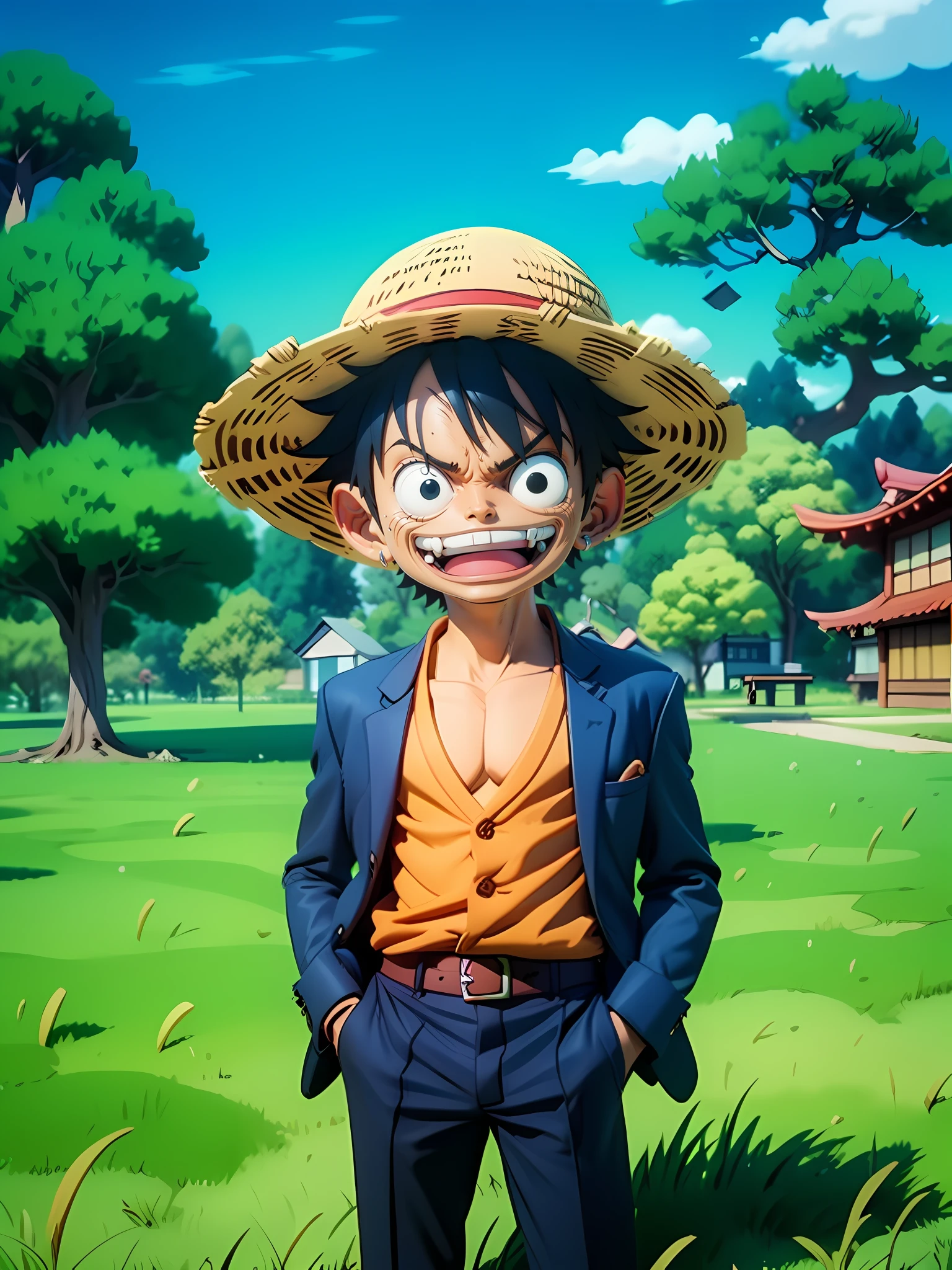 masterpiece, best quality, ultra-detailed, Luffy ,1boy, solo, Full body, smile, blue skin, wearing suits, detailed face, day, full body, looking at viewer, male focus, open fields, grass, perfect hands, perfect face, background japanese traditional house