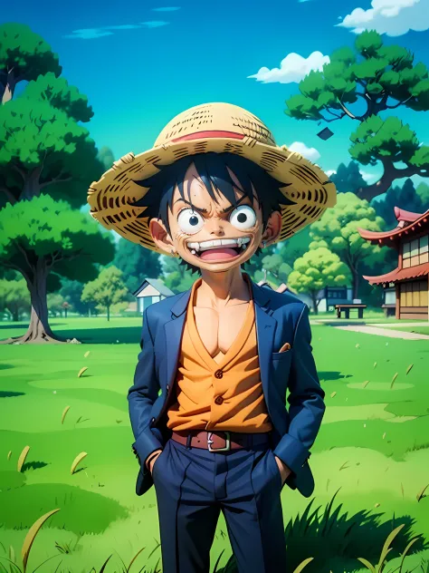 masterpiece, best quality, ultra-detailed, Luffy ,1boy, solo, Full body, smile, blue skin, wearing suits, detailed face, day, fu...
