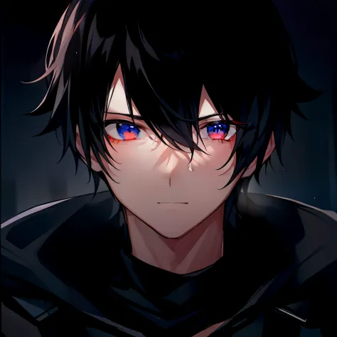 1 boy, black hair, 2 red and blue eyes