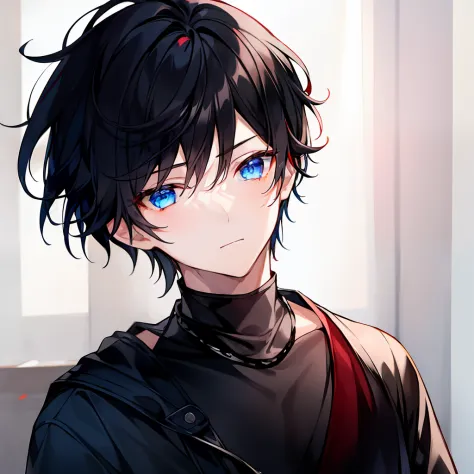 1 boy, black hair, 2 red and blue eyes