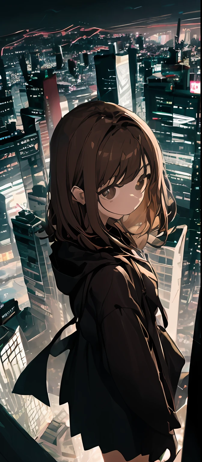 (​masterpiece、top-quality)、frombelow、1girl in, solo,  brown-eyed, brown haired,Will、A city scape、shibuya、Crowds、Staring at this、Rough fashion、Bored look、Dark look、shadowy、Dark shadows、