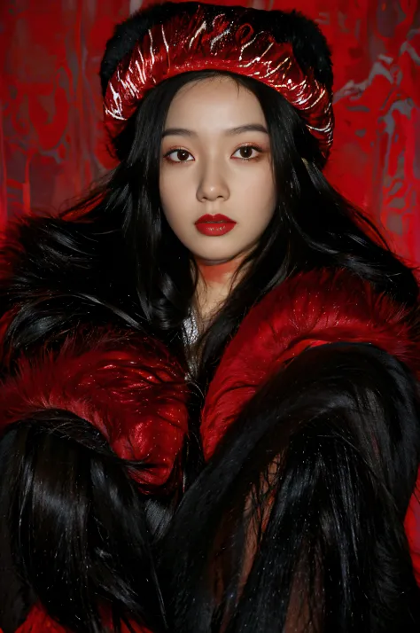 masutepiece, Best Quality, 1girl in, Red background, Black hair, long curly hair, Face front, ((red fashion silk lone costume with red swirling vortexes pattern)), ((Red Plush Fur Hat)), emotive faces, (portrait closeup), make up, studio lights, studio