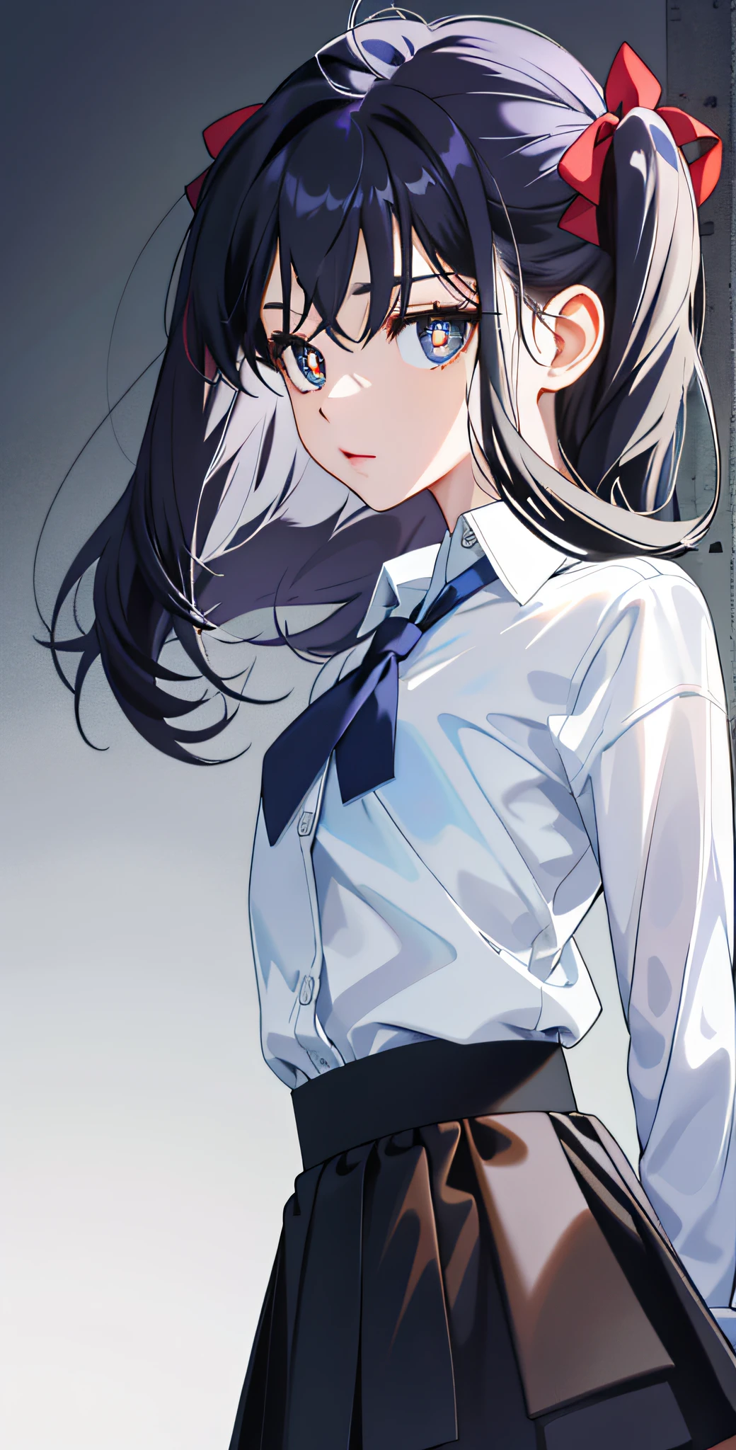 masterpiece,best quality,upper body,1girl,collared_shirt and flared_skirt as material1,color connection,sumi-e,lineup,hair strand,small breasts,diamond-shaped pupils,sulking,rotated