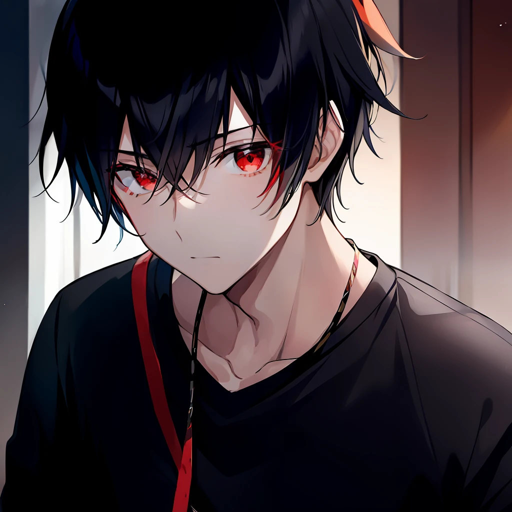 1boy, black hair with red and blue horns, handsome striped black shirt