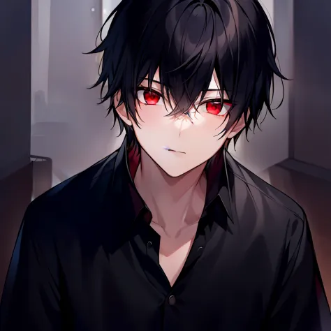 1 boy, black hair,  red eyes