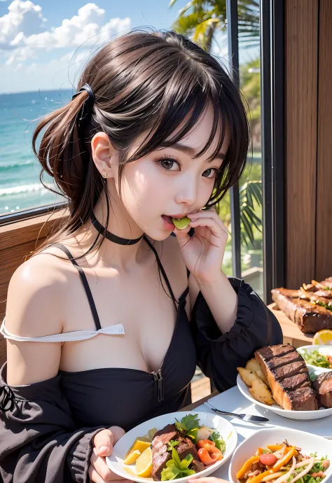 8k、top image quality、​masterpiece、夏天、25-years old、(1 adult female)、off-the-shoulder dresses、eating moments、by the window、ocean v...