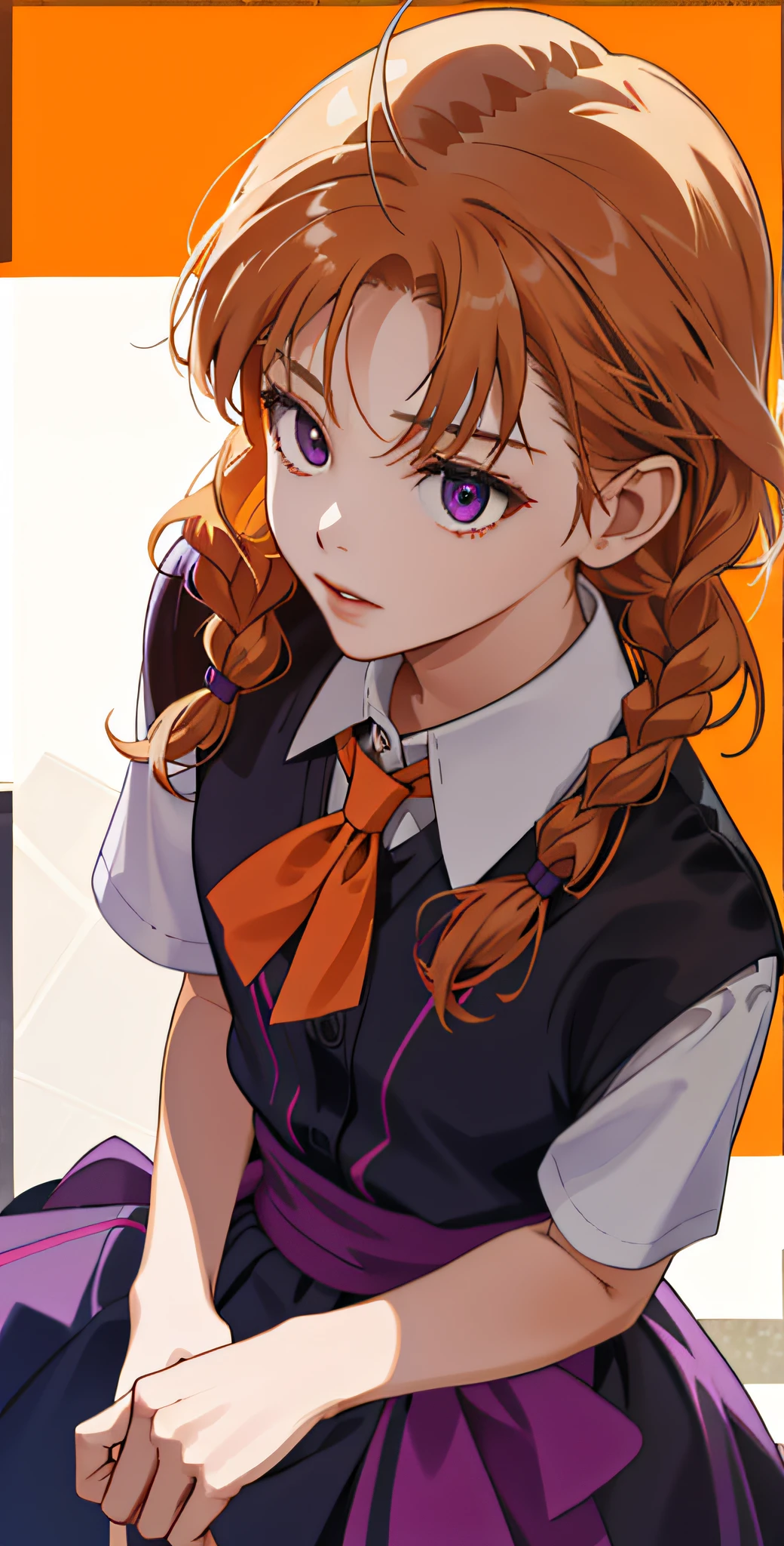 masterpiece,best quality,upper body,1girl,collared_shirt and flared_skirt as material1,orange theme,cosplay,outside border,side braids,small breasts,purple eyes,disgust,from above
