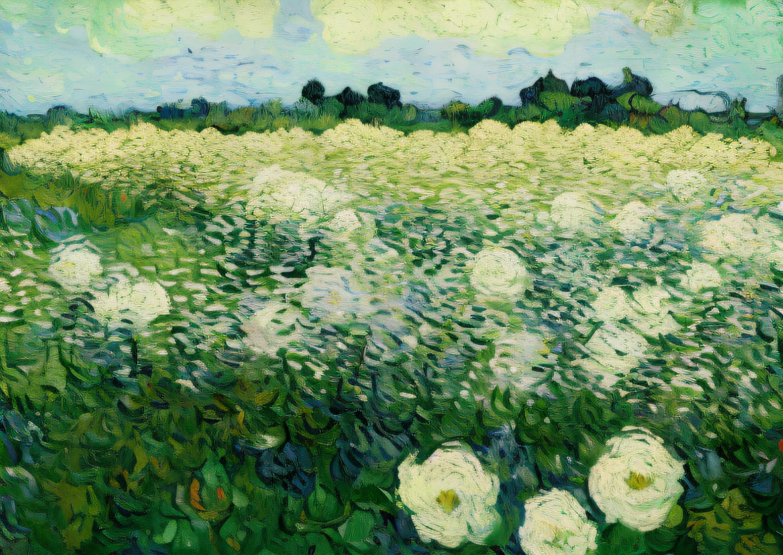 Draw white flowers on a green field，A bird flies by, vincent van gogh painting, author：Van Gogh, author：Vincent van Gogh, van gogh painting, author：highr, White flowers, flowers in foreground, White roses, post impressionist, Courtesy of the Ministry of Modern Art, year 1506, post impressionist, post impressionist