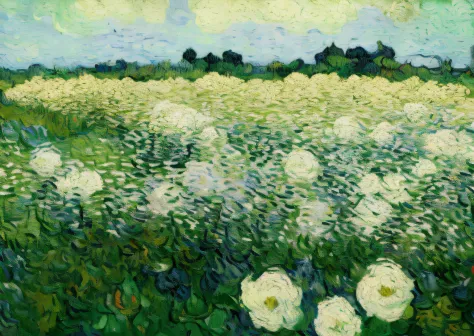 Draw white flowers on a green field，A bird flies by, vincent van gogh painting, author：Van Gogh, author：Vincent van Gogh, van go...