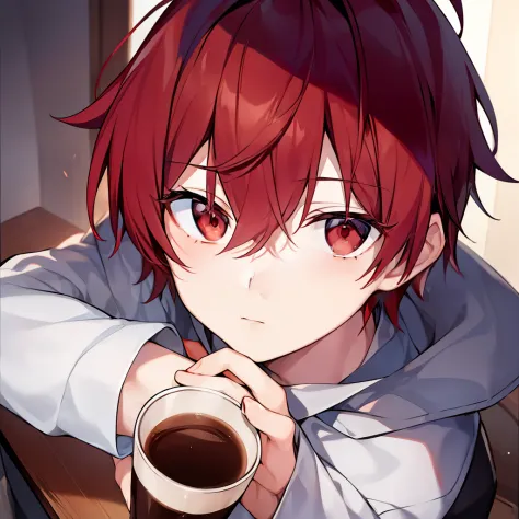 1 boy, coffee color hair, red eyes