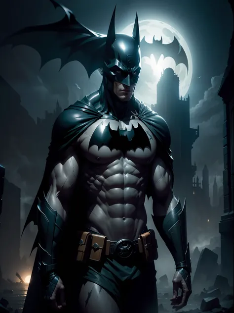 Batman of the Dark Knight is imposing in a lost gothic city. Moonlight ...