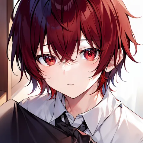 1 boy, coffee color hair, red eyes