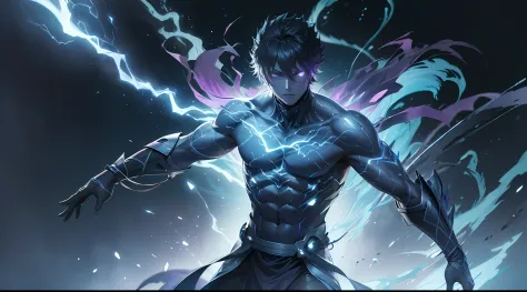 epic anime style, purple lightning, evil temperament, 20-year-old male shadow assassin, glowing black aura, shadow supervisor, h...