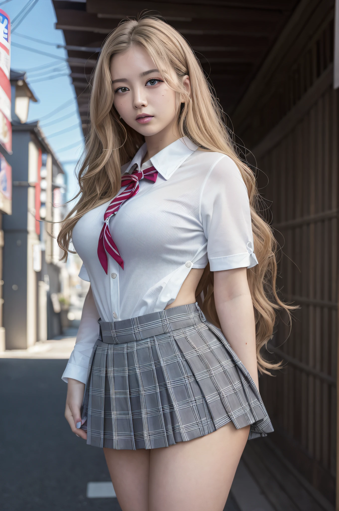 ((top-quality、​masterpiece:1.3))、((Russian beauties))、1 female、14years、large full breasts:1.1、Slender body type:1.6、Toned abs、((Blonde semi-long hair))、((Japan  uniform:1.5))、Super Detailed Face、Detailed lips、detailedeyes、double eyelid、Plump smile、blue-sky、​​clouds、Looking to the right、blue eyess、wide Shots、full body wide shot、Model pose posing with hands on buttocks