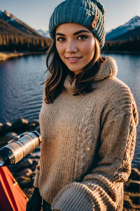VeronicaCipher ((upper body selfie, happy)), masterpiece, best quality, ultra-detailed, solo, outdoors, (night), mountains, nature, (stars, moon) cheerful, happy, backpack, sleeping bag, camping stove, water bottle, mountain boots, gloves, sweater, hat, fl...