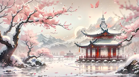 White snow，Pavilion，clubs，Plum tree，Red plum，Pink plum blossoms，Chinese Ancient Style Pavilion，Thick white snow，themoon，rays of moonlight，24K HD quality，Ultra-detailed depiction，Master painting，wallpaper hd，depth of fields，in a panoramic view，Ice Lake，