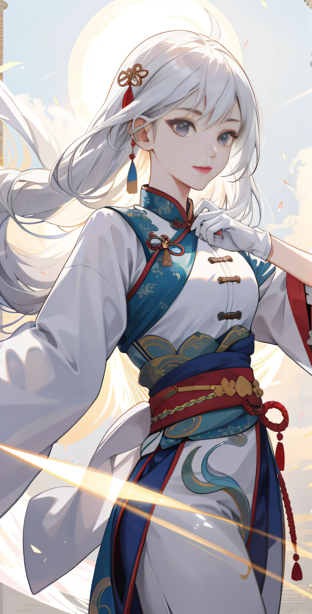 one-girl， Ancient Chinese clothing， full bodyesbian， rays of sunshine， Clear face， Clean white background， tmasterpiece， whaite hair，White gloves，super detailing， Epic composition， hyper HD， high qulity， extremely detaile， offcial art， Uniform 8k wallpaper， super detailing， 32k