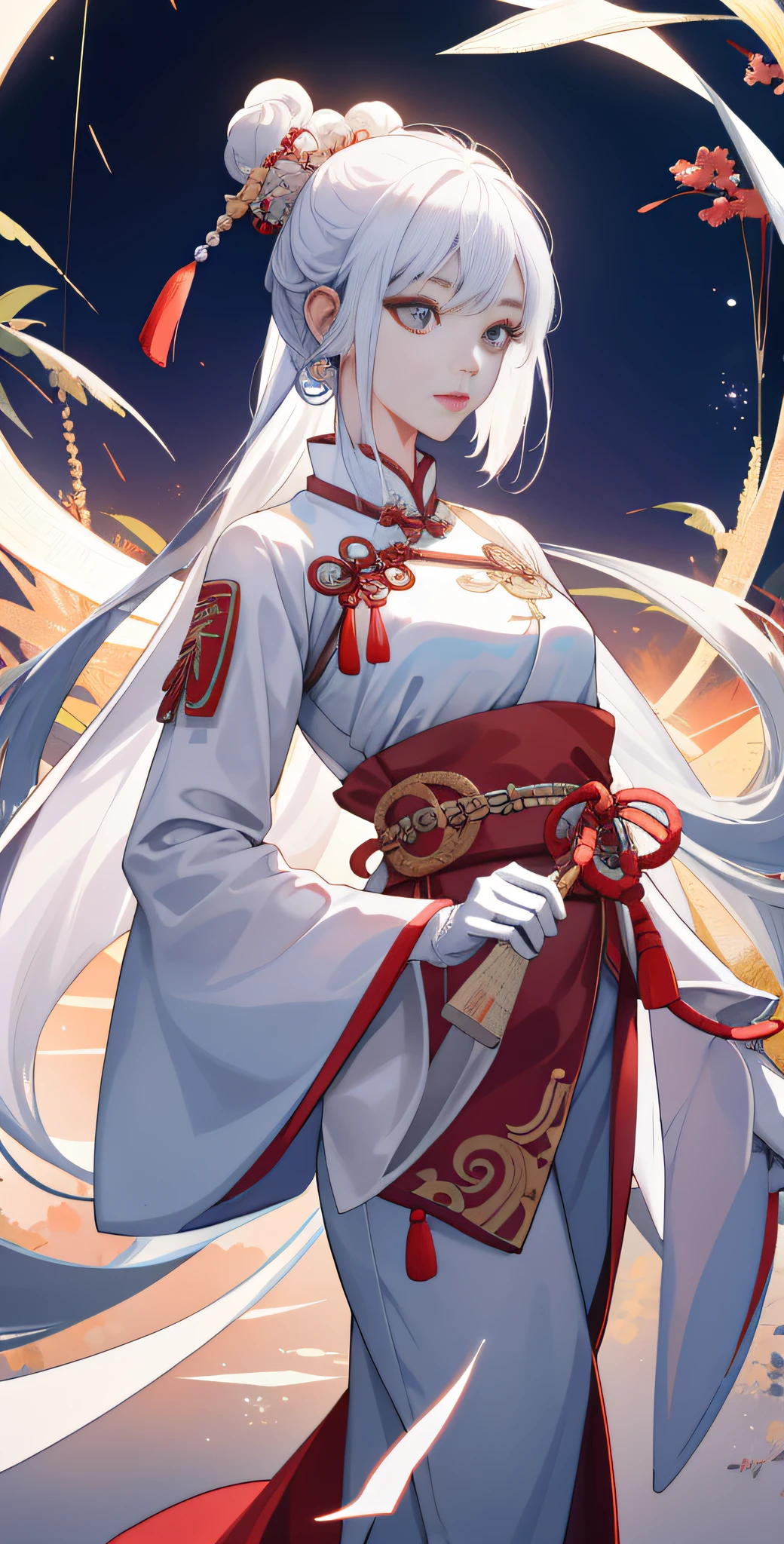 one-girl， Ancient Chinese clothing， full bodyesbian， rays of sunshine， Clear face， Clean white background， tmasterpiece， whaite hair，White gloves，super detailing， Epic composition， hyper HD， high qulity， extremely detaile， offcial art， Uniform 8k wallpaper， super detailing， 32k