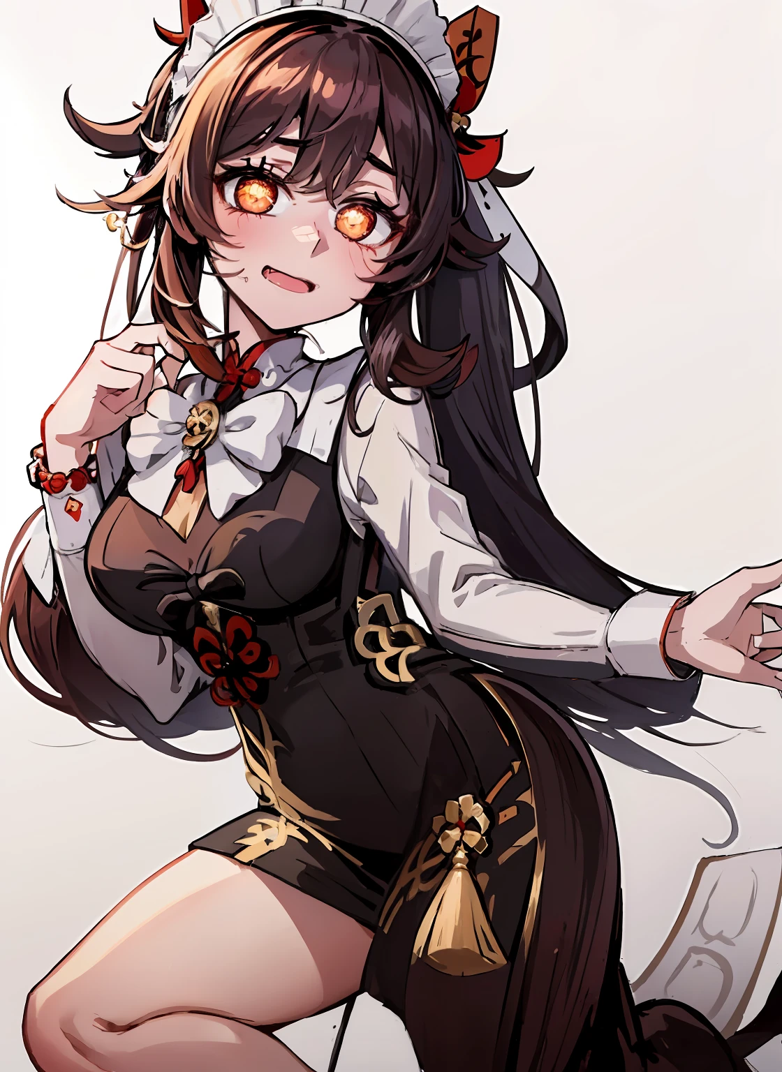(white background:1.4), (Full Body: 1.2), 1girl, hutao\(genshin\), love in eyes, double ponytail, bow hairpins, blushing, shyness, drooling, rolling eyes, white bow tie, maid outfit, long sleeves, miniskirt, big breasts