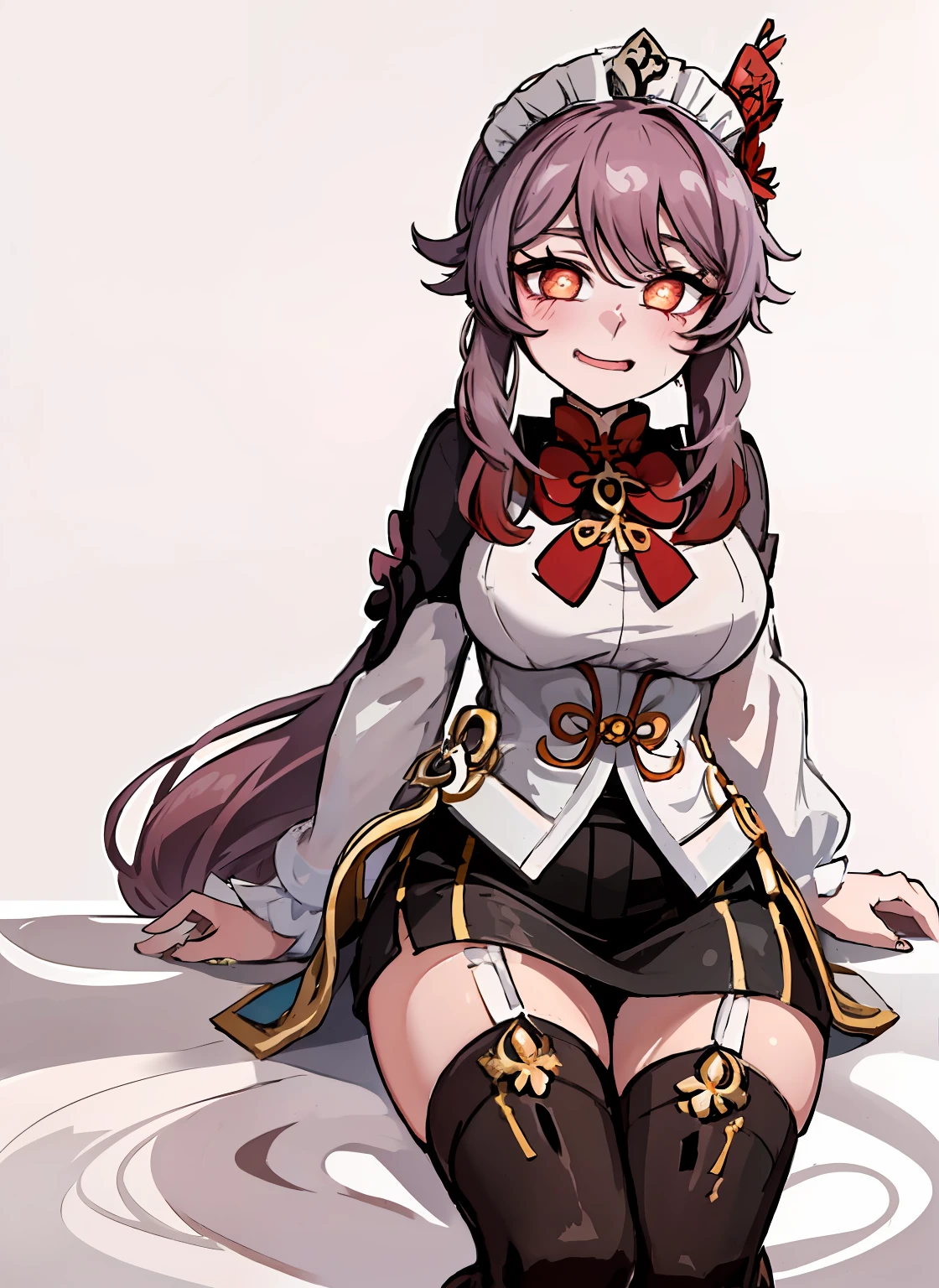 (white background:1.4), (Full Body: 1.2), 1girl, hutao\(genshin\), love in eyes, double ponytail, bow hairpins, blushing, shyness, drooling, rolling eyes, white bow tie, maid outfit, long sleeves, miniskirt, big breasts