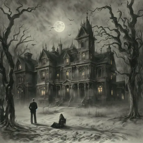 There is a painting，A man and a woman sat in front of the house, spooky mansion, Southern Gothic art, Inspired by Ivan Kramskoy,...