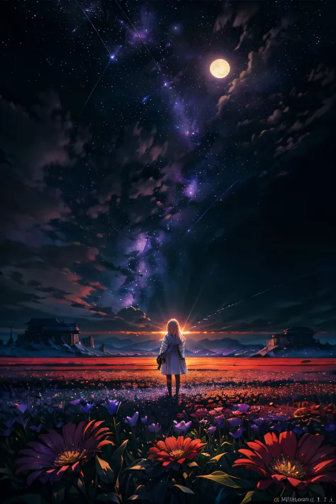 expansive landscape photography, (a bottom view showing the sky above and open country below), a girl standing in a field of flowers looking up, (full moon: 1.2), (shooting stars: 0.9), (nebula : 1.3), distant mountain, BREAK tree production art, (warm lig...