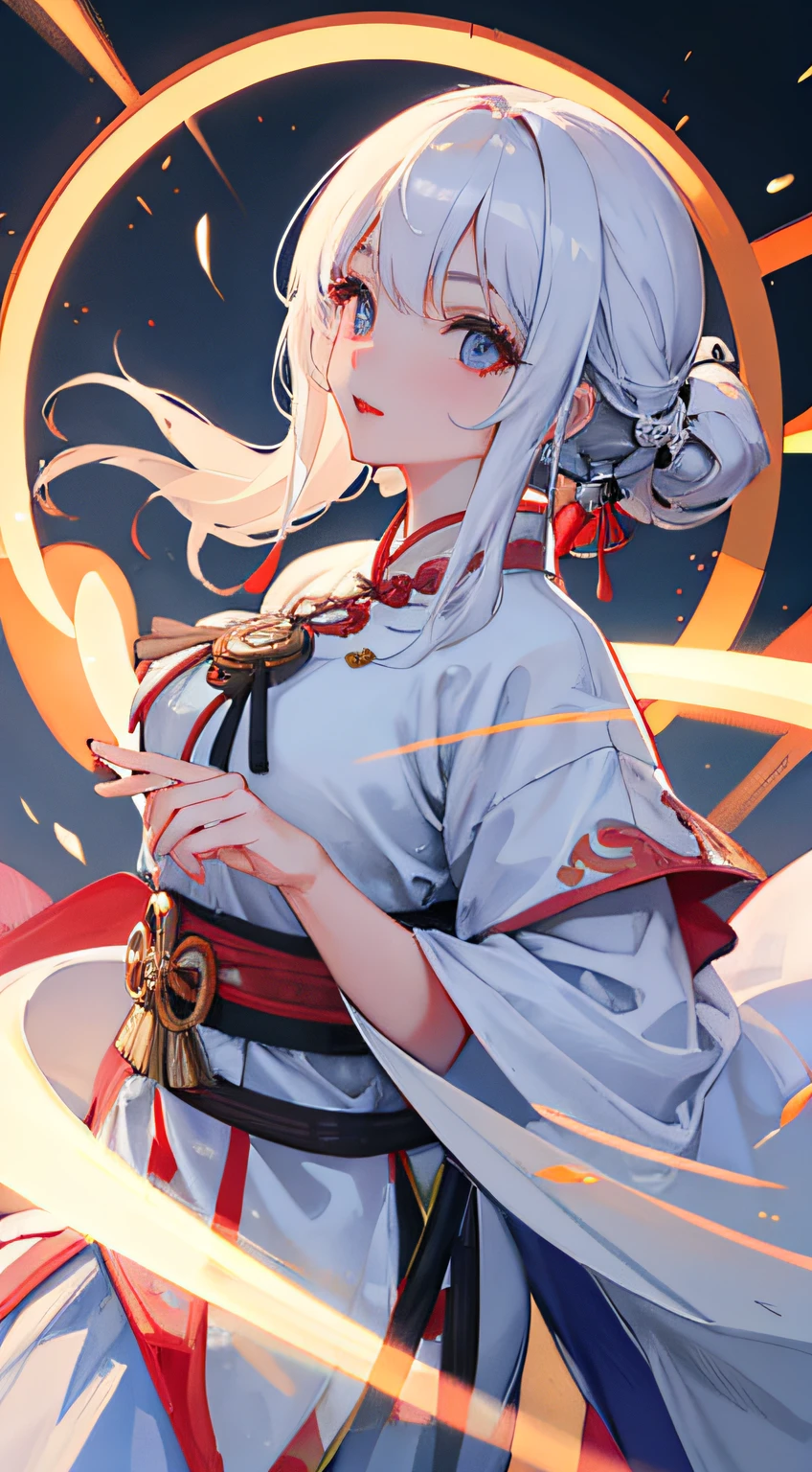 one-girl， Ancient Chinese clothing， full bodyesbian， rays of sunshine， Clear face， Clean white background， tmasterpiece， whaite hair，White gloves，super detailing， Epic composition， hyper HD， high qulity， extremely detaile， offcial art， Uniform 8k wallpaper， super detailing， 32k
