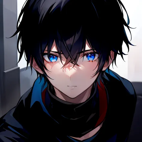1 boy, black hair, 2 red and blue eyes