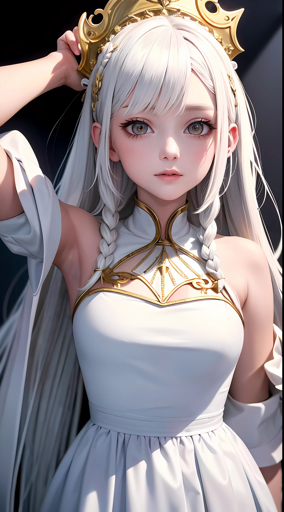 best quality, masterpiece,white hair, gold eyes,white clothes, looking up, upper body,hair strand,Fair skin,side braids