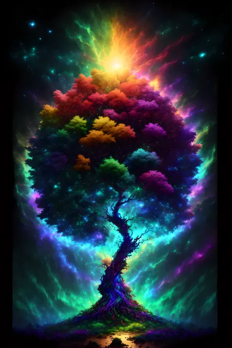 Masterpiece, 
The birth of Creation, a leafy Tree with energetic and colorful streams of light in an epic galactic sky, with pro...