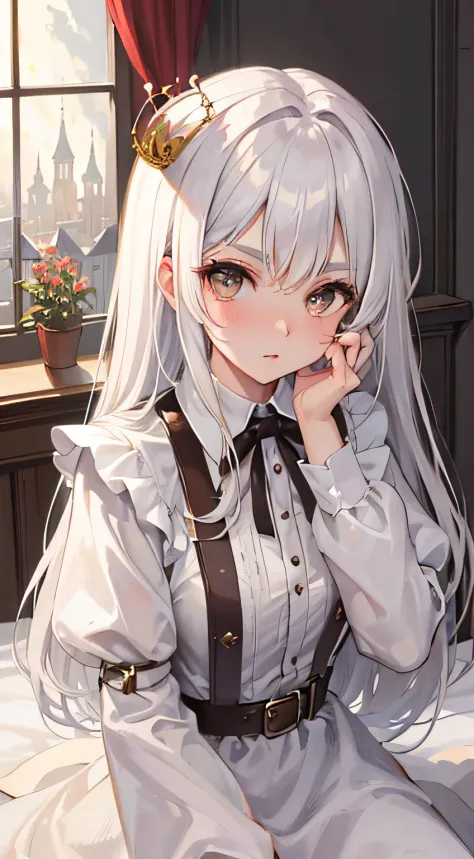 Masterpiece, Best quality, landscape, Magic style,(Dark style),Fairy tales,(Low-key lighting), (Solo:1.3),full bodyesbian, Ku County, Face focus, 1girll, White hair,Brown eyes,(Long hair),Hair between the eyebrows, (crown:1.1),Bow belt,Peach dyeing, tiered...