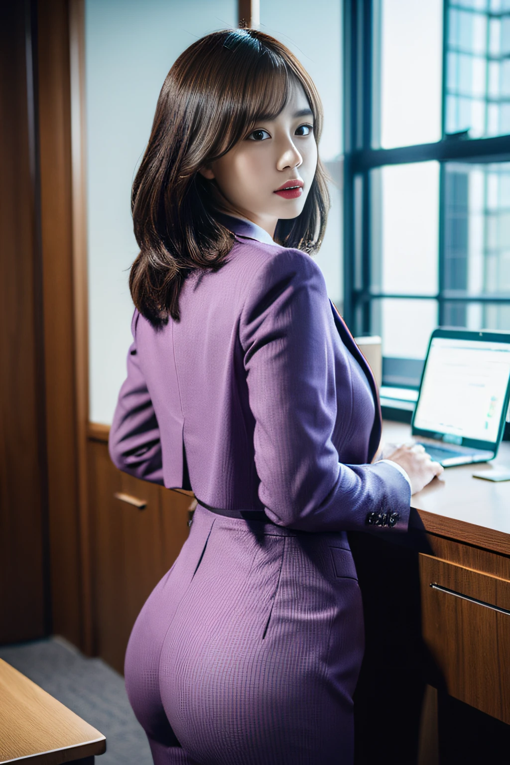 （best qualtiy，8K，32K，tmasterpiece，，realisticlying，The is very detailed, hyper HD：1.2），1girll, Female celebrities，Exquisitehands, a narrow waist，Purple top，Open jacket，office  lady，Business suit，trouser，from back，office room，Office desk，（stick out buttocks：1.2），Cocked buttocks,详细的脸，short detailed hair，absurderes,Background bokeh