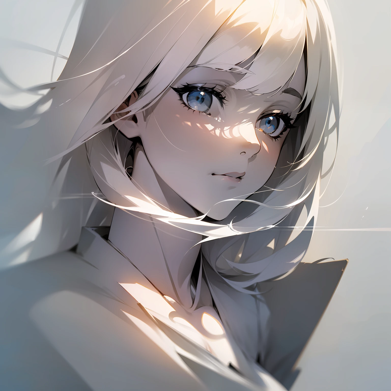 (White-haired girl: 1.2, minimalist: 1.1, Japanese anime, masterpiece, delicate: 1.2, high detail, light and shadow, shadow, fine dust in floating, monochrome background: 0.75)