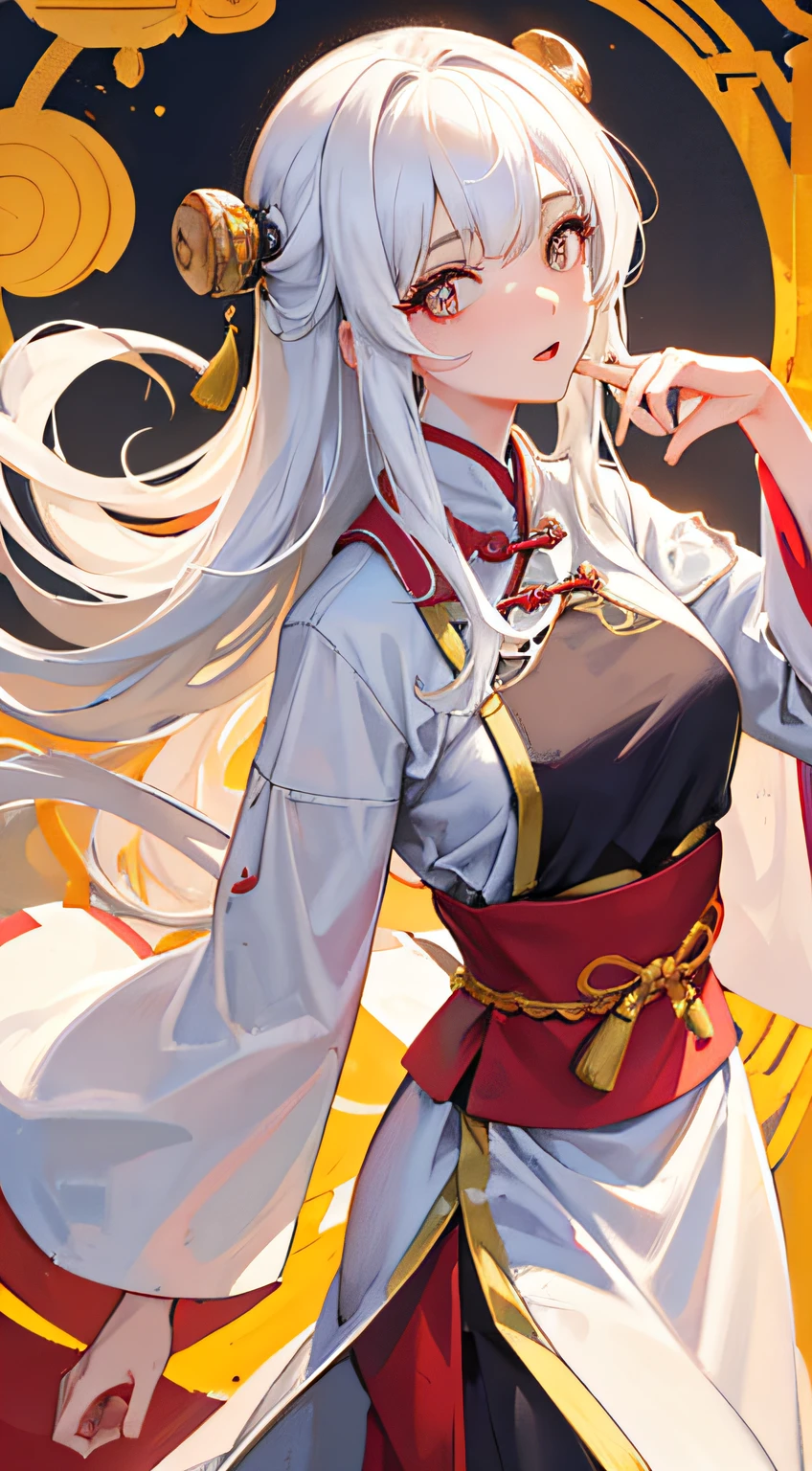 one-girl， Ancient Chinese clothing， full bodyesbian， rays of sunshine， Clear face， Golden pupils，white color hair，Clean white background， tmasterpiece， super detailing， Epic composition， hyper HD， high qulity， extremely detaile， offcial art， Uniform 8k wallpaper， super detailing， 32k