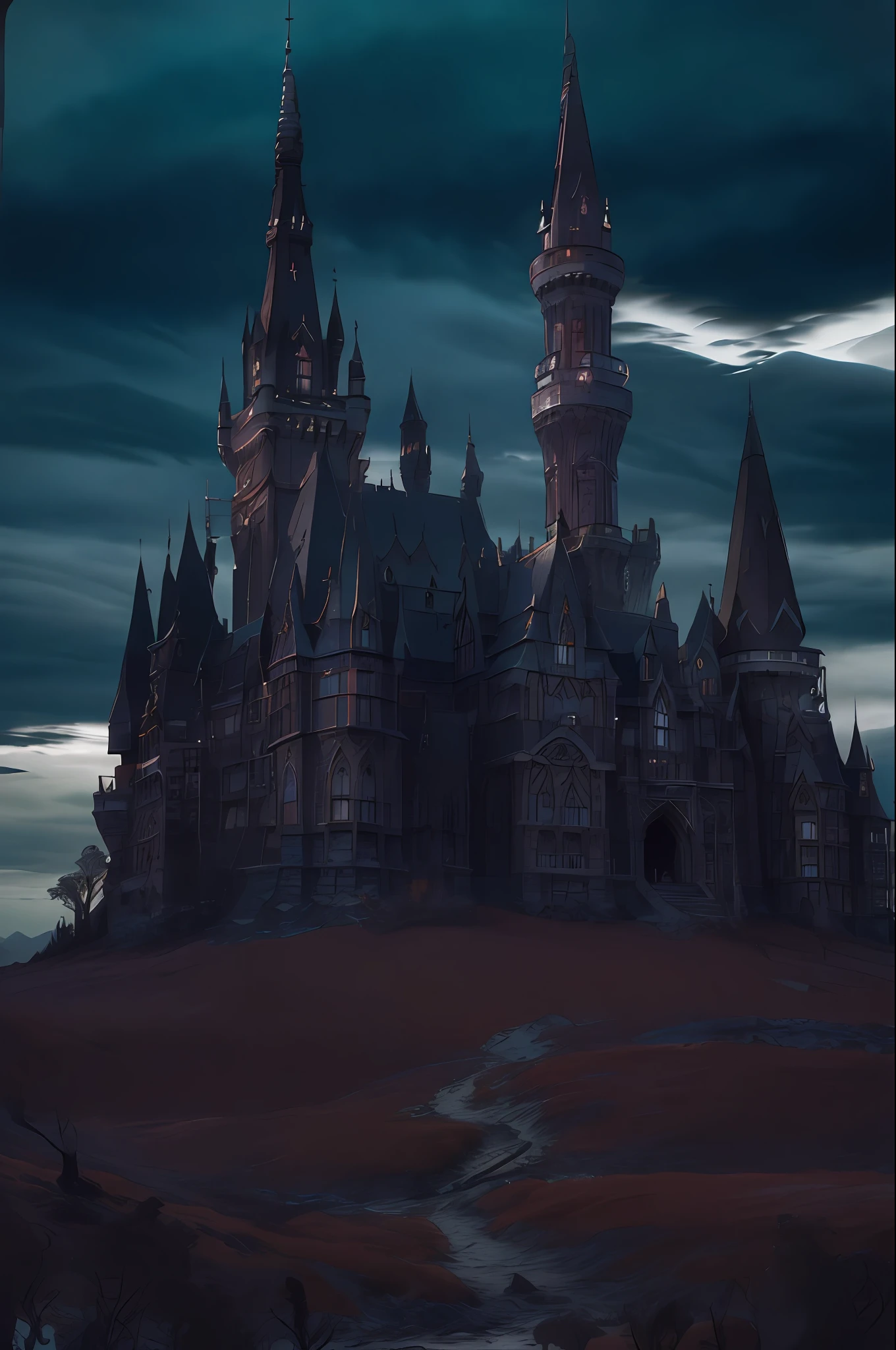 gothic castle, stylized, (architecture), landscape, (haunted, desolate, night, dark), stormy night, dark hour, epic, cinematic