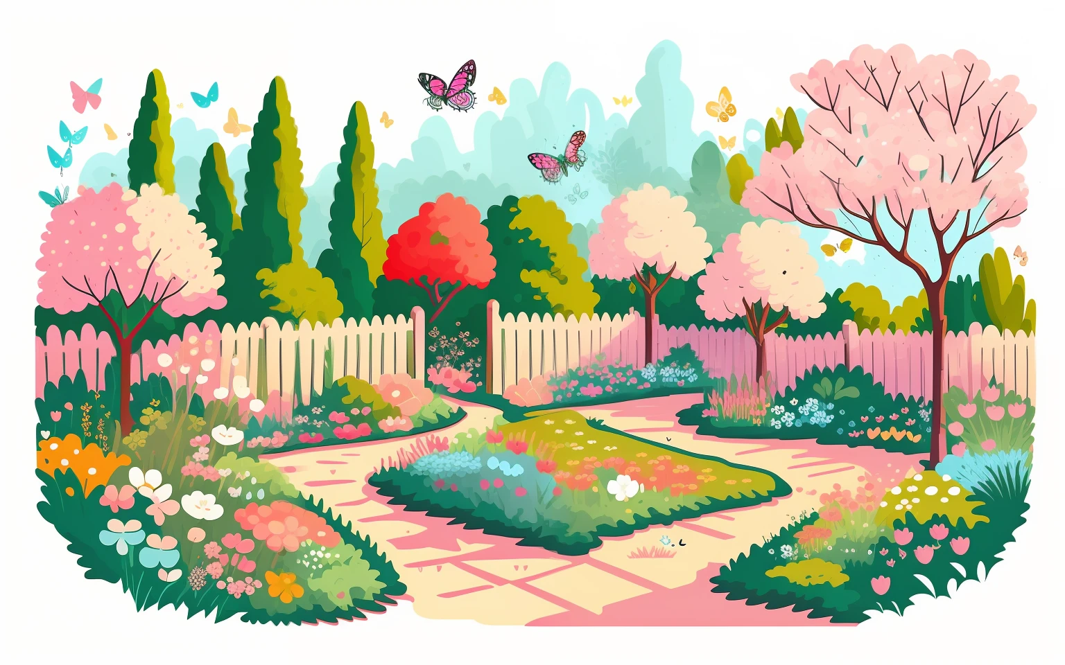 Vektorgrafik eines süßen Kawaii-Gartens mit Schmetterlingen, gepflegte Blumen und Sträucher , funkelt, bunt, Frühling, Mindestliste