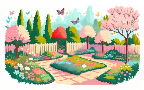 Vector art of a cute kawaii garden with butterflies, well-kept flowers and shrubs , Destellos, colorido, primaveral, minimlista