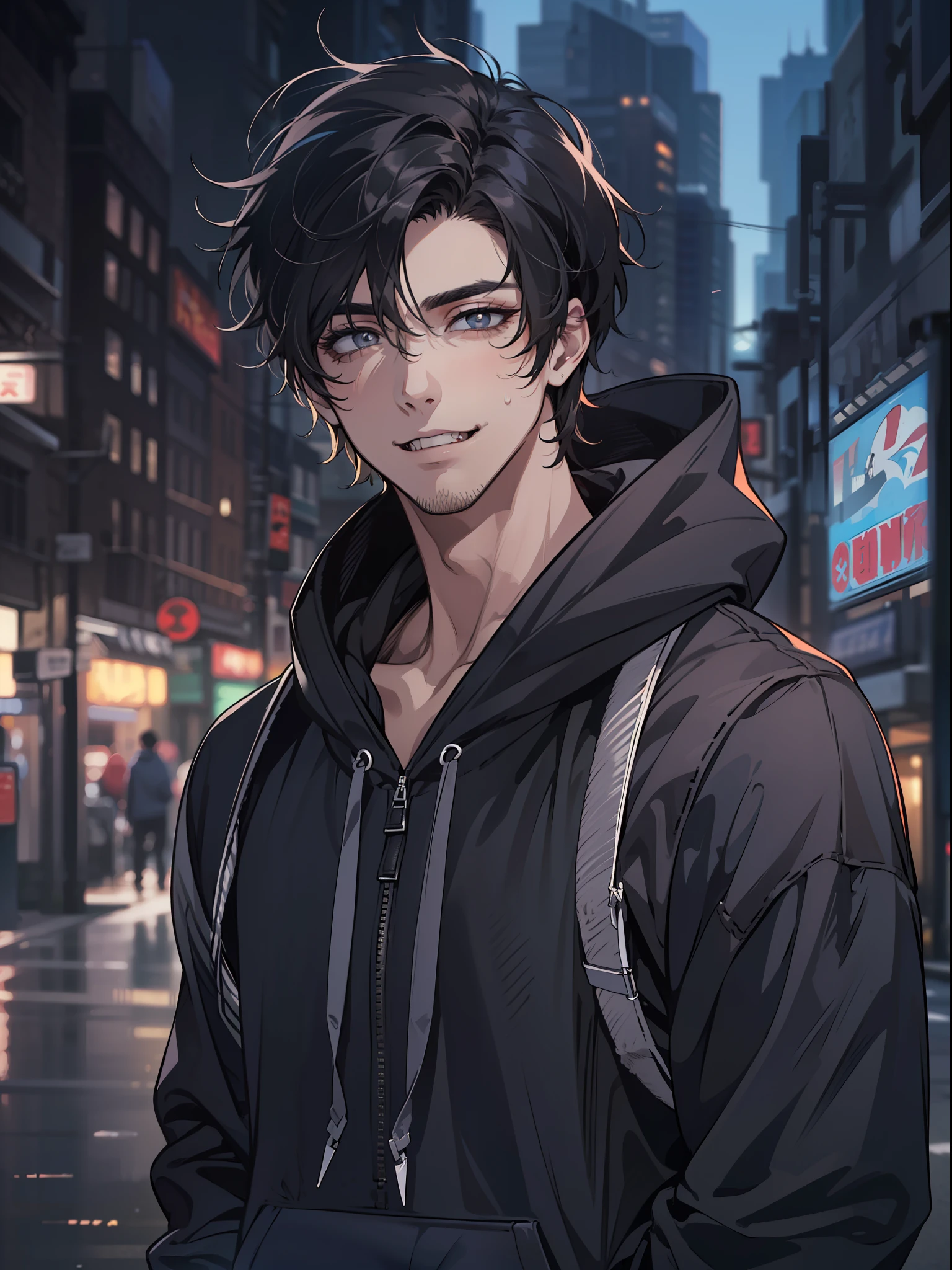 ((highest quality, masterpiece, 4k, finely detailed, detailed eyes, detailed face, gelbooru, pixiv)), ((solo)), 1 male, (handsome, masculine, adult male, broad shoulders), ((chin stubbles)), (smiling with fangs showing, looking at viewer), ((lazy eyes, tired eyes, half-lidded, eyebags under eyes, black eyes with white pupils)), ((dark hoodie, sweatpants)), ((black hair, medium length hair, shaggy hairstyle, messy hair)), (city background at night, standing with hands in hoodie pockets)