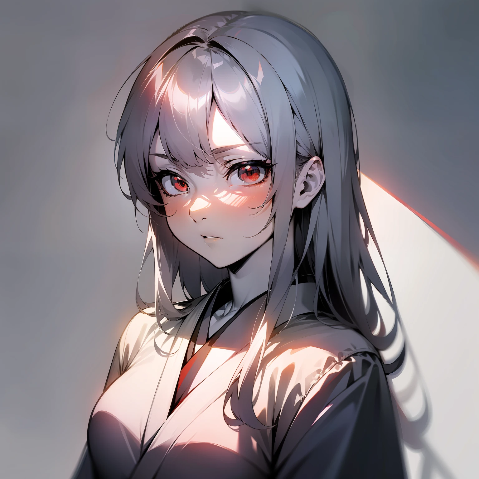 (Japanese anime, slender, glossy, light and shadow, shadow, tsundere style), best image quality, silver hairstyle, red eyes, white shirt, monochrome background.