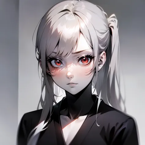 (Japanese anime, slender, glossy, light and shadow, shadow, tsundere style), best image quality, silver hairstyle, red eyes, whi...