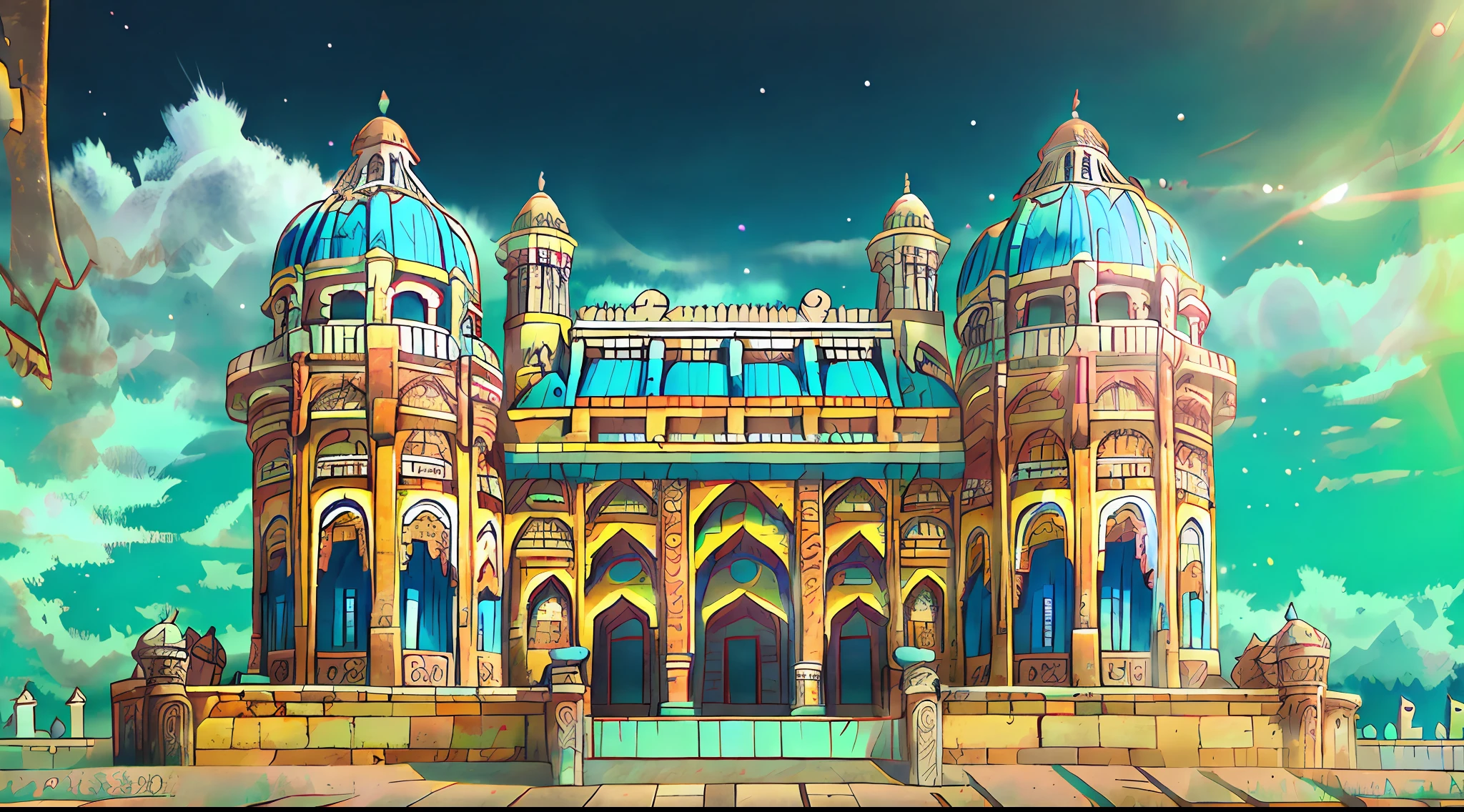 create an ancient Indian palace realistic and high quality image, in blue and yellow tones, with sun and blue sky and some white clouds.