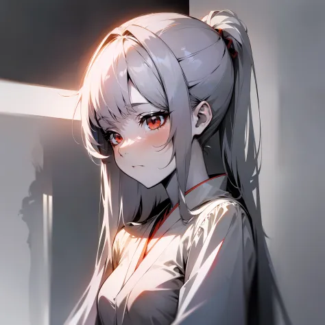 (Japanese anime, slender, glossy, light and shadow, shadow, tsundere style), best image quality, silver hairstyle, red eyes, whi...